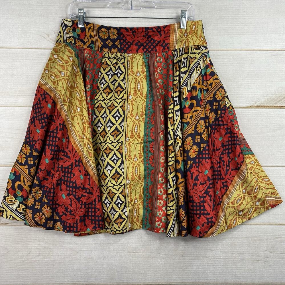 Anthropologie Viola Silk Skirt Sz 8 Artsy Abstract A-Line Lined Bow Colorful